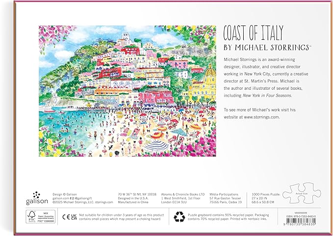 Galison Coast of Italy – 1000 Piece Michael Storrings Jigsaw Puzzle Featuring Beautiful Artwork of Positano Italy Summer Beach