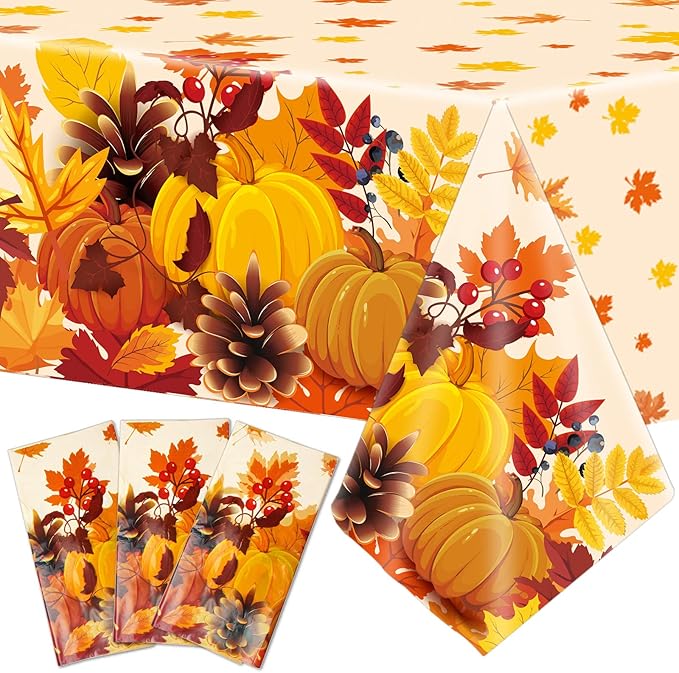 3 Pieces Fall Disposable Tablecloth Decoration Fall Theme Plastic Table Cover Autumn Pumpkin Maple Leave Table Cloth Thanksgiving Pumpkin Tablecover for Autumn Harvest Party Supplies Favors
