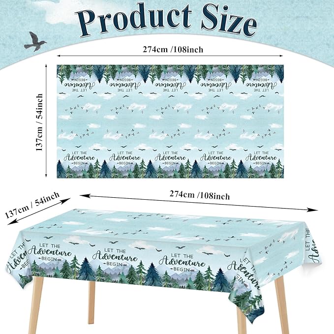 3 Pieces Adventure Awaits Tablecloths Let The Adventure Begin Tablecover Tree Mountains Woodland Table Covers Plastic Disposable Rectangle Tablecloth for Baby Shower Birthday Party Decor Supplies