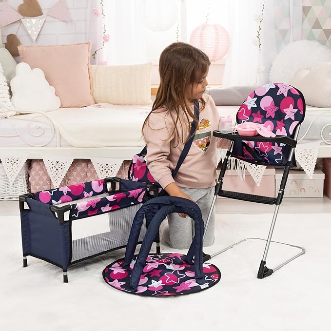 Bayer 9-in-1 Doll Accessory Set with Travel Bed & Highchair - Perfect Toy for Dolls - Includes Plate, Utensils, Play Mat and More