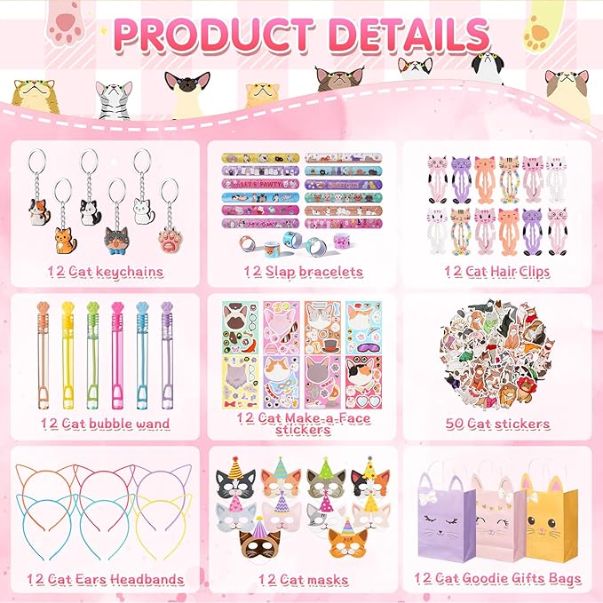 Vanblue 146Pcs Cat Party Favors Themed Birthday Party Decorations for Kids, Cat Party Supplies Goodie Bag Stuffers Fillers,Pet Headband Gifts Bags
