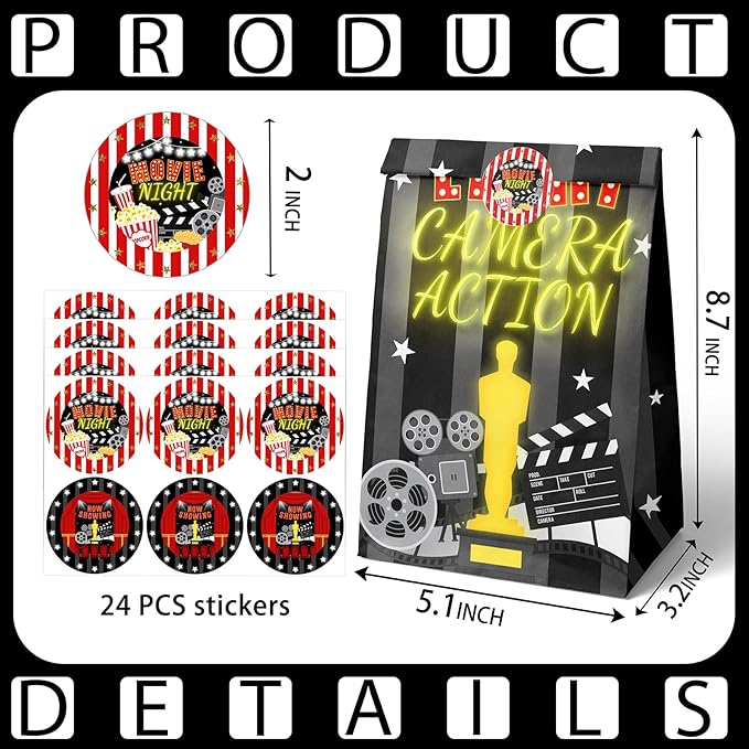 HaPiBiDesign Movie Night Party Favor Bags - 24 Pcs Candy Bags with Stickers - Themed Birthday Party Supplies