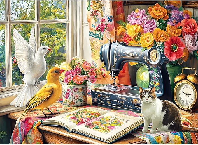 Puzzles 300 Pieces for Adults,Vintage Sewing Machine Cat Jigsaw Puzzle for Seniors Children, Large Piece Bird Vase Puzzle for Kids Age 8-10 10-12, Stitch Quilt Puzzles,Family Game Great Gift 20.5*15in