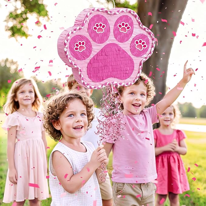 WERNNSAI Pink Dog Paw Piñata - Dog Piñata Pet Theme Party Games Pink Girl Style Puppy Paw Party Decorations Animal Party Supply for Kids Birthday with Blindfold