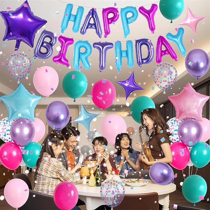 Pink Purple Blue Birthday Decorations Hot Light Pink Metallic Purple Teal Confetti Balloon Happy Birthday Banner Heart Foil Balloons 18/10 Inch Star Balloons for Girls Boys Bday Mermaid Party