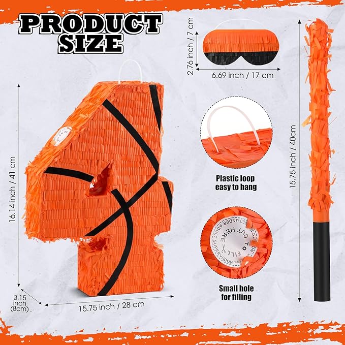 Soulchen Basketball Number 2 3 4 8 Pinata Basketball Party Decorations 16 Inch Piñata with Blindfold Stick and Confetti for Birthday Sports Theme Party Supplies Centerpiece(Number 4)