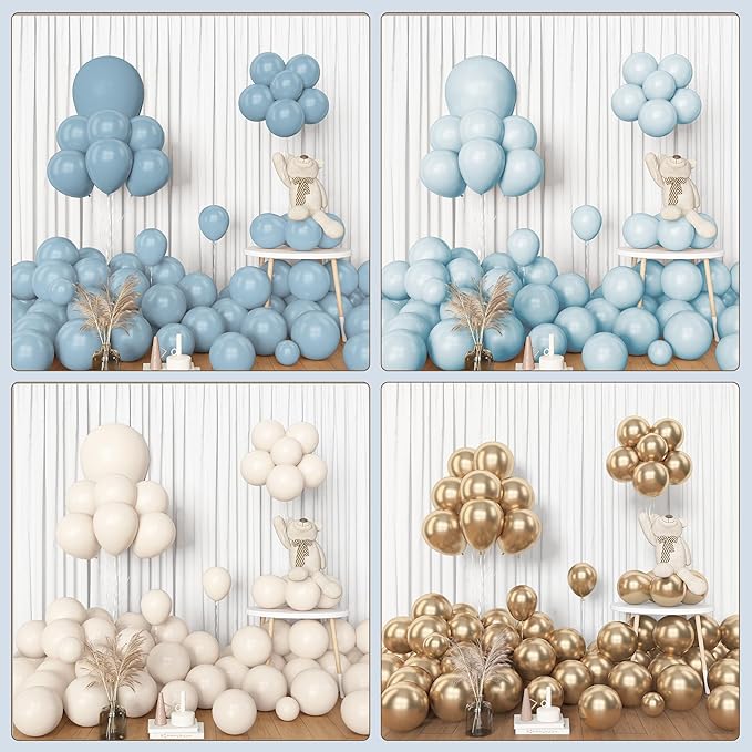 Amandir 153pcs Dusty Blue Balloon Garland Arch Kit, Different Sizes 18 12 10 5 inch Blue White Sand Latex Metallic Confetti Gold Balloons for Boys Birthday Boho Baby Shower Party Decoration Supplies
