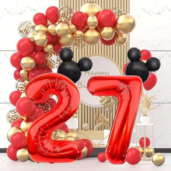 Mouse Number 7 Balloon 40 Inch Red Number 7 Balloon Mini Mouse Head Balloon for 7th Birthday Party, Black Red Large Number 7 Foil Balloon for Baby Shower Anniversary Supplies Decorations