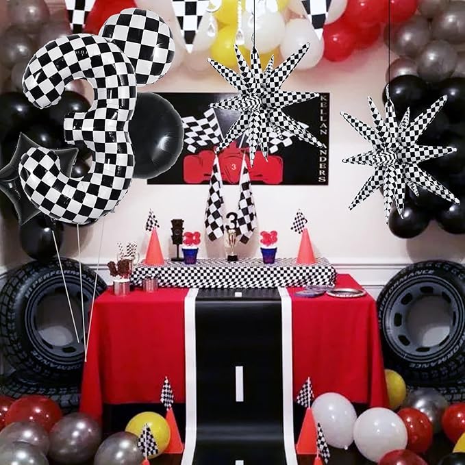 TONIFUL 40 Inch Checkered 3rd Birthday Balloons Set Number 3 Race Car Black Black White Checkered Round Explosion Star Balloons Boys Race Car Themed Birthday Party Decoraction