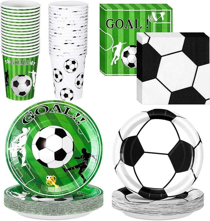 Domensi 200 Pcs Soccer Birthday Party Supplies for 50 Guests Includes 7 Inch 9 Inch Soccer Paper Plate 9 oz Disposable Cups and Napkins for Soccer Party Tableware Set