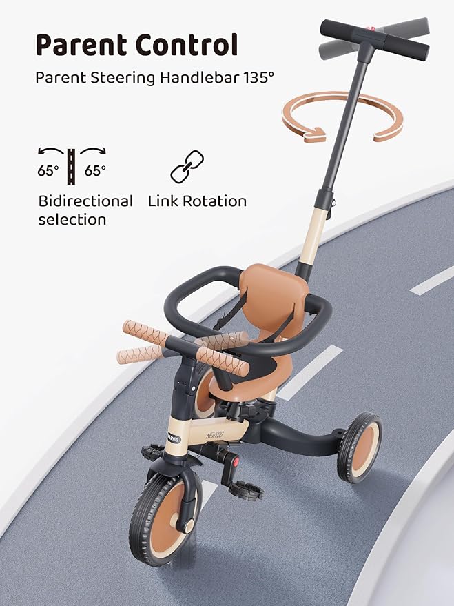 newyoo TR008 5 in 1 Toddler Tricycle with Push Handle for 1-3 Year Old Boys and Girls, Kids Push Trike with Safe Bar, Toddler Bike, Convert to Balance Bike, Birthday Gifts and Toys for Baby, Cream