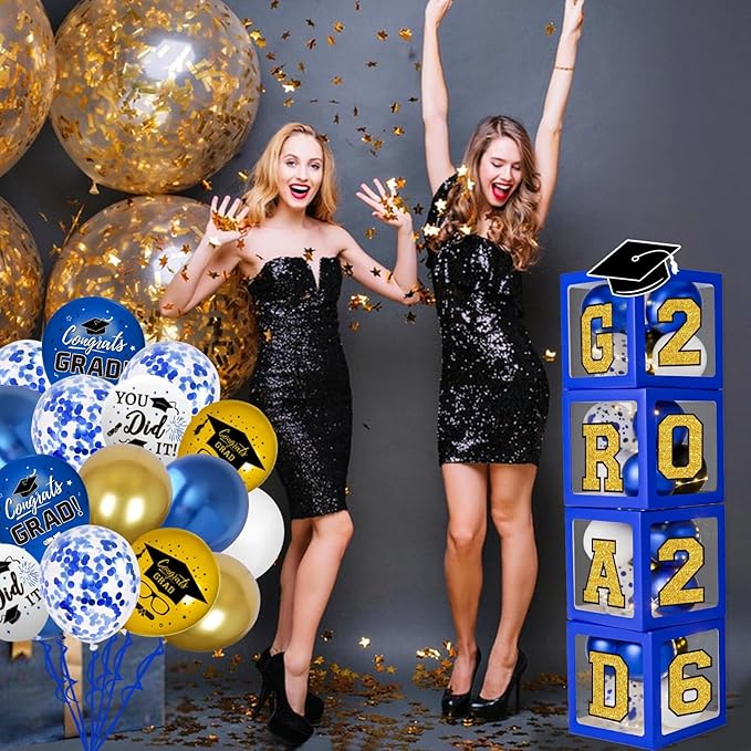 Graduation Decorations Class of 2026 - Blue and Gold Balloons Boxes with Letters 2026 GRAD So Proud of You - Complete Party Supplies for High School & College Celebrations