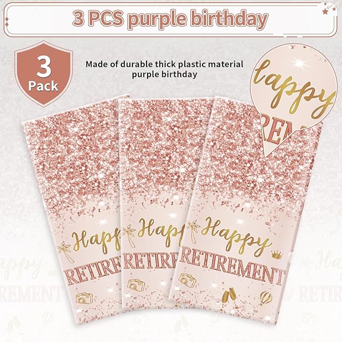 Grencian 3Pcs Rose Gold Retirement Tablecloth Pink Happy Retirement Table Cover Plastic Rectangle Women Happy Retired Table Cloth for Men Women Say Goodbye Going Away Party Supplies 54" x 108"