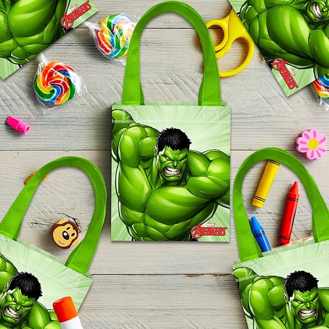 Hulk Party Favor Bags Set – 24 Pack 8" Marvel Goodie Bags for Kids Bulk Reusable Mini Totes | Avengers Incredible Hulk Birthday Party Supplies