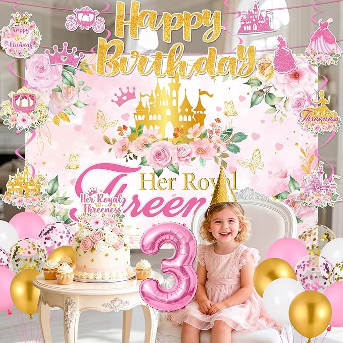 Princess 3rd Birthday Party Decorations, Her Royal Threeness Birthday Banner Pink Princess Backdrop Banner Hanging Swirls Balloons Cake Topper for 3 Years Old Girl Bday Party Supplies