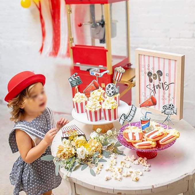 40 PCS Double Sided Movie Night Roll Glasses Camera Popcorn Cupcake Picks Projector Hollywood Cake Decorations for Kids Birthday Party Decro Supplies