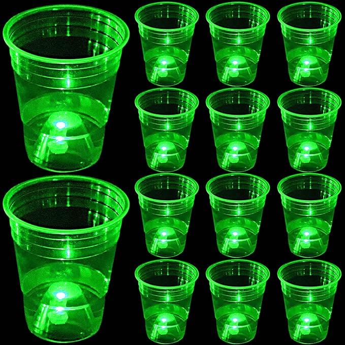 mishunyus 24 Pack Green Glow Cups, 16 oz Strong & Sturdy Disposable Plastic Cups for St Patrick Day Decoration, Green Theme Birthdays Party, Night Event Fun, BBQ, Beach, Holidays