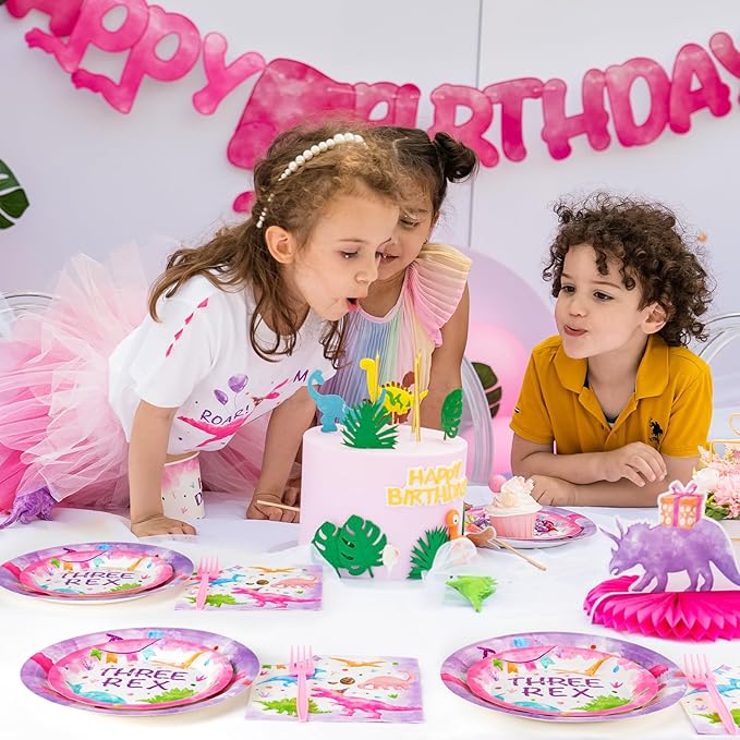 WERNNSAI Dinosaur 3rd Party Decorations - 64PCS Dinosaur Plates Napkins and Forks Set Three Rex Birthday Decorations for Kids Girls 3 year old Birthday Decorations Serves 16 Guests