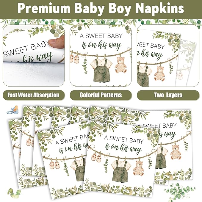 96Pcs Greenery Baby Shower Plates and Napkins Decoration Sage Green Baby Boy Party Tableware Dinnerware Set A Sweet Boy Is On His Way Paper Plates for Gender Reveal Party Supplies Serves 24 Guests
