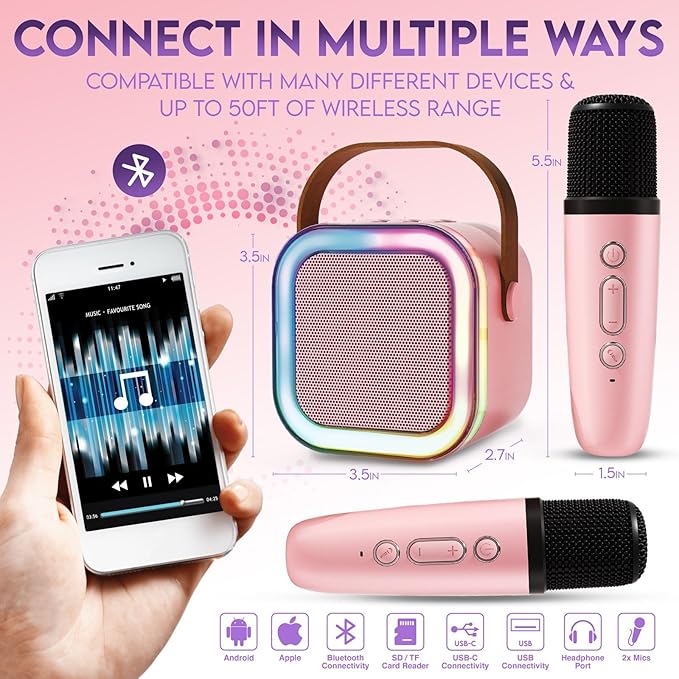 Karaoke Machine for Kids Adults, Portable Mini Bluetooth Speaker with 2 Wireless Microphones, LED Lights, Singing System for Family Home Party, Voice Changer, Boys Girls Karaoke Machine with Speaker