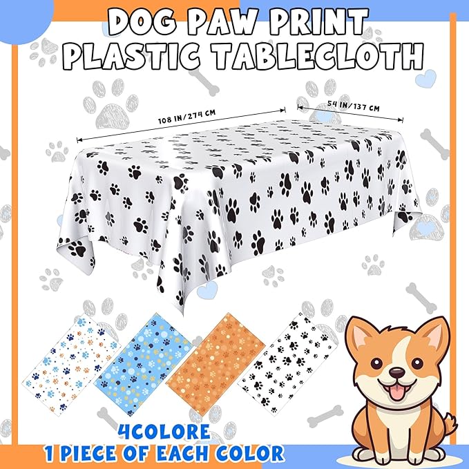 4 Pack Puppy Dog Pet Paw Print Plastic Tablecloth 54 x 108 Inches Blue White Orange Table Cover Paw Print Disposable Rectangle Table Cover for Pet Blue Dog Birthday Party Supplies
