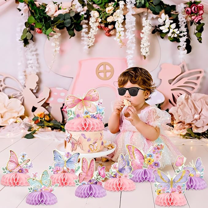SUNBEAUTY 9 PCS Butterfly Centerpieces for Tables Butterfly Birthday Party Decorations Spring Wildflower Honeycomb Table Centerpiece for Girl Birthday Garden Baby Shower Decorations