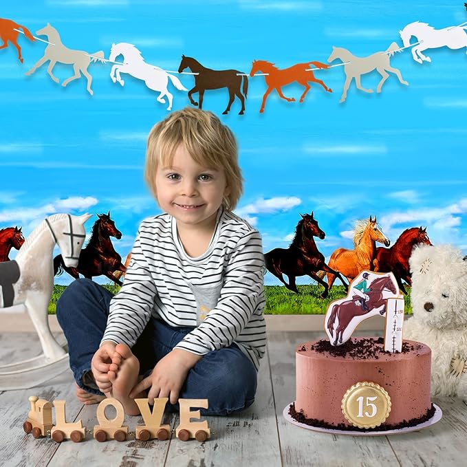 Outus Horse Party Decorations - 4 Pieces Supplies Including 2 Plastic Tablecloths and 2 Horse Garland Paper Banners for Themed Party Racing Activity
