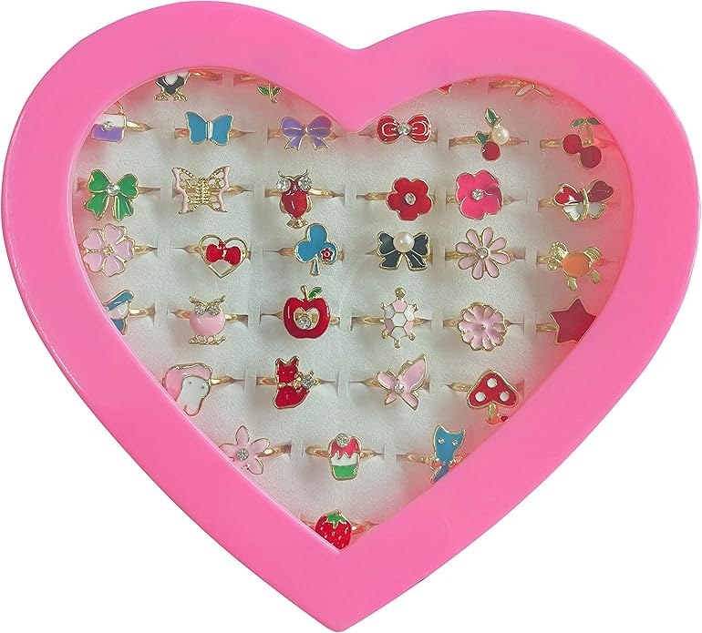 monochef 36pcs Little Girl Jewel Rings in Box Adjustable No Duplication Children Girls Kids Pretend Play Costume Princess Dress Up Jewelry Rings Party Favors Toys Gifts for Girls