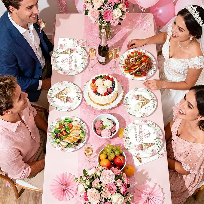96 Pcs Ice Cream Bridal Shower Decorations Disposable She's Been Scooped Up Paper Plates and Napkins Pink Floral Tableware Set for Women Bridal Shower Wedding Engagement Bachelorette Party Supplies