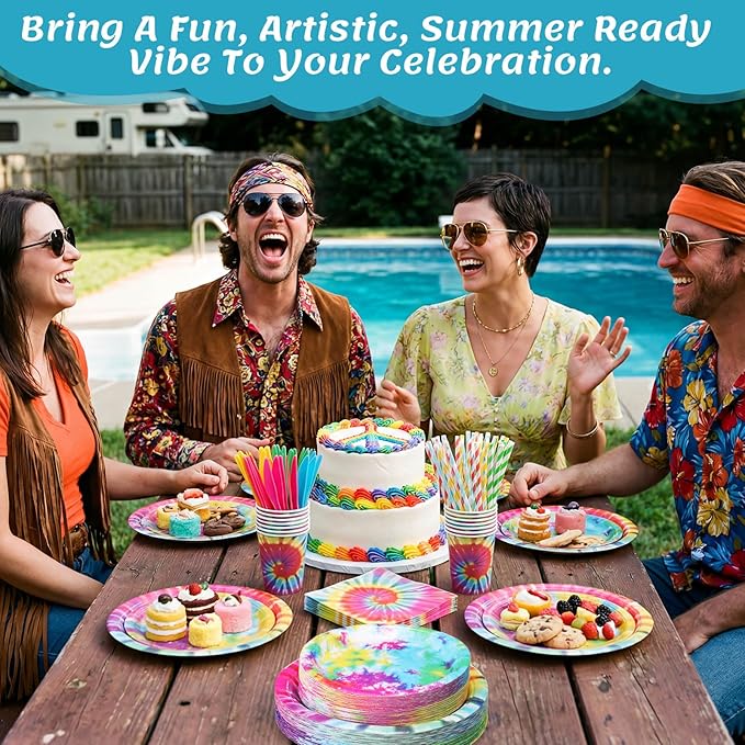 450 Pcs Tie Dye Party Tableware Set Decorations Rainbow Birthday Paper Plates Napkins Cups Cutlery Straws for Hippie Retro 60s/70s Dinner Celebration Birthday Wedding Baby Shower, Serves 50