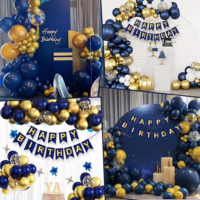 Navy Blue Birthday Party Decorations for Men Decor 100pcs Gold and Navy Blue Balloons Garland Arch Kit Pre-Strung Happy Birthday Banner Girls 16th 18th 30th 40th 50th 60th 70th 80th 90th for Boys