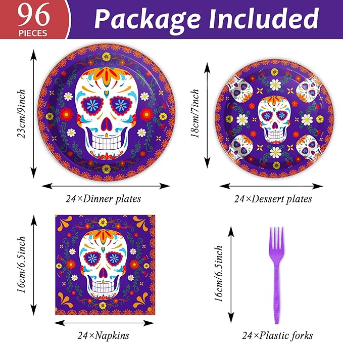 96 Pcs Day of The Dead Tableware Set Colorful Skull Marigold Decors Mexican Fiesta Theme Party Dessert Plates Napkins Forks for Day of The Dead Party 24 Guests