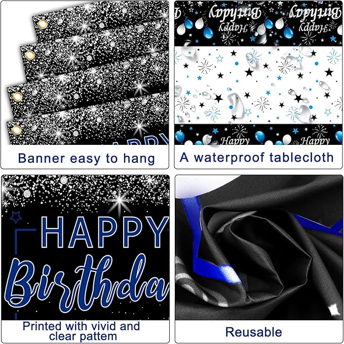 Black and Blue Birthday Decorations, 37 PCS Blue Silver Party Decorations for Boys Men Women Girls, Balloon Supplies with Happy Birthday Backdrop Banner Tablecloth Confetti Balloons Arch