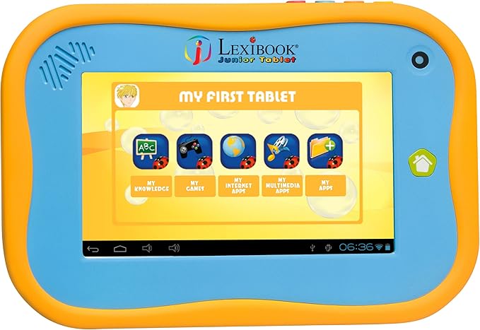 Lexibook Junior Tablet - The Entertaining & Learning Android Tablet for Kids 3-6, sturdy design, front camera, educational and fun content – Blue/yellow – MFC280EN
