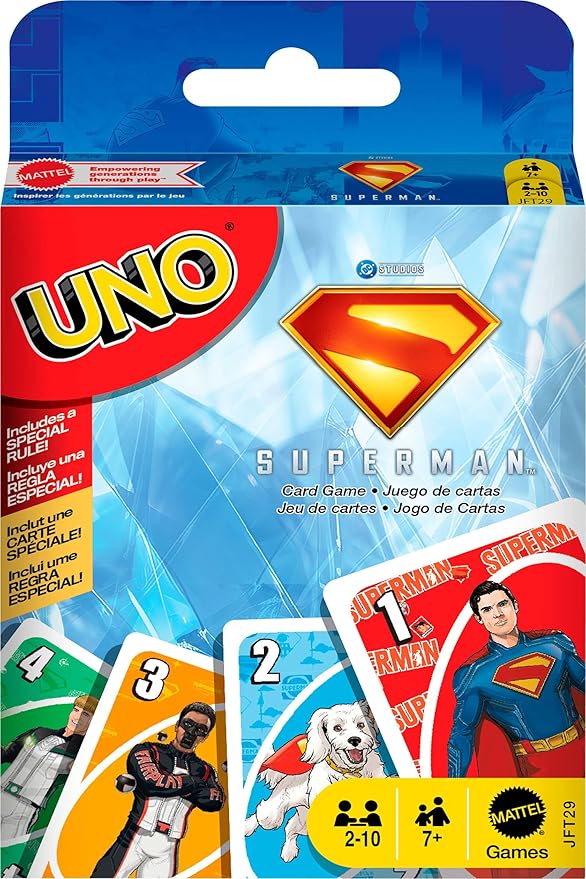 Mattel Games UNO Superman Card Game for Kids, Adults & Family Nights, Parties, Travel & Camping, Toy Collectible Inspired by The Movie