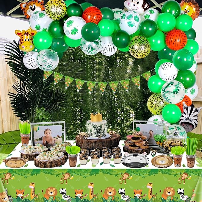 162Pcs Jungle Party Supplies- Include Animal Shape Plates, Jungle Tablecloth, Safari Flag, Napkins, Cups, Cutlery, Safari Theme Party Supplies for Kids Birthday Baby Shower Wild One, Serves 20 Guests