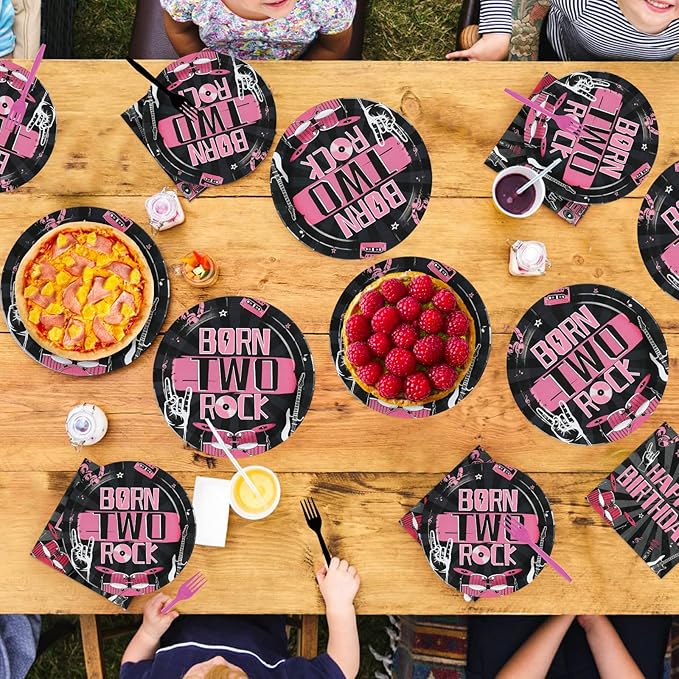 96Pcs Bad Two The Bone Birthday Decorations Rock and Roll 2nd Birthday Plates and Napkins Black Pink 2nd Tableware for 2 Years Old Rock Band Music Birthday Retro Bday Party Supplies Serves 24