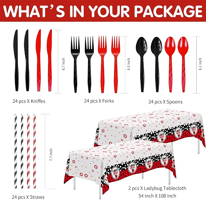 Xigejob Ladybug Birthday Party Decorations Tableware, Ladybug Party Supplies Girl for Birthday Baby Shower, Paper Plate, Cup, Napkin, Tablecloth, Disposable Cutlery, Straw, Serves 24