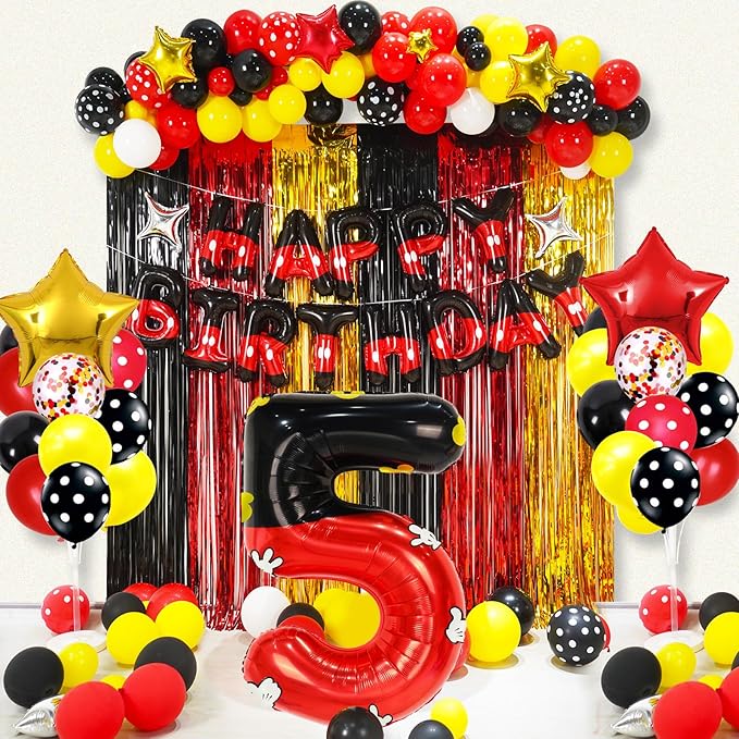 YIIHMEI Cartoon Mouse Balloons Birthday Decorations Party Supplies Boy Red And Black Foil Balloon Banner 40inch Number 5