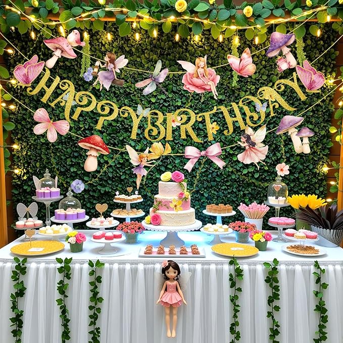 Paper Jazz Fairy Birthday Banner with Butterfly Fairy Party Decorations Mushroom Decor Fabric Vines Paper Garlands Decorations for Birthday,Garden Tea Party,Baby Shower.