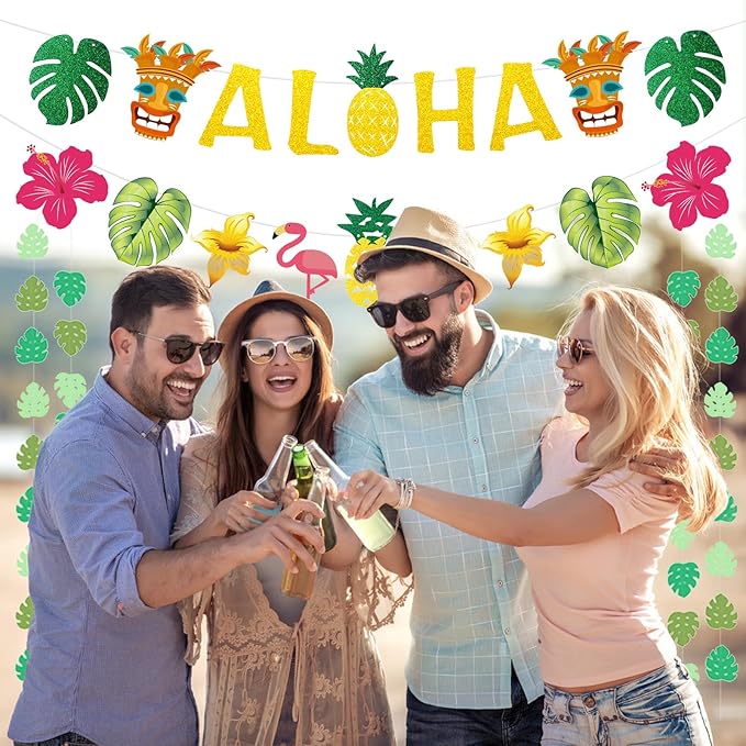 Hawaiian Aloha Party Decorations - Gold Glittery Aloha Banner for Hawaii Tropical Luau Themed Party Supplies