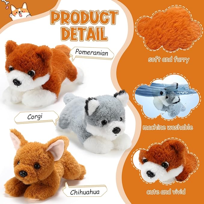 Skylety 3 Pcs 7.87 Inches Dog Stuffed Animal Plush Dogs Soft Plush Toy Pillow Fluffy Puppy Set for Puppy Birthday Party Favor Home Decor(Pomeranian, Chihuahua, Corgi)