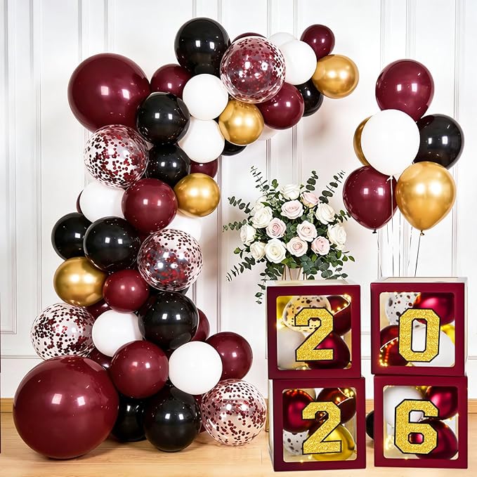 Graduation Decorations Class of 2026 - Maroon and Gold Graduation Decorations - Balloons Boxes with Letters 2026 GRAD So Proud of You, Congrats Grad Party Decorations for Any Grades