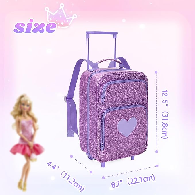 LoDrid Travel Backpack Compatible with Barbie Dolls 12-inch, Doll Carrying Case with Wheels, Suitcase Storage Organizer with Multiple Pockets for Doll Clothes and Accessories, Purple, Bag Only