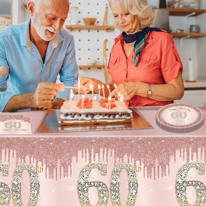 60th Birthday Decorations For Women,Rose Gold 60 Birthday Disposable Paper Plates and Napkins,60th Birthday Tablecloth Tableware Kit For 1966 Party 60 Years Old Birthday Decorations,20 Guests