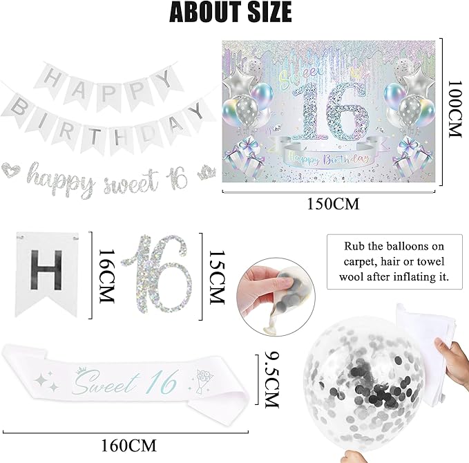Sweet 16 Birthday Party Decorations for Girls - Colorful Silver 16th Happy Birthday Banner Heart Balloons Number 16, Photo Backdrop Crown Sash Party Supplies for Sixteen Years Old