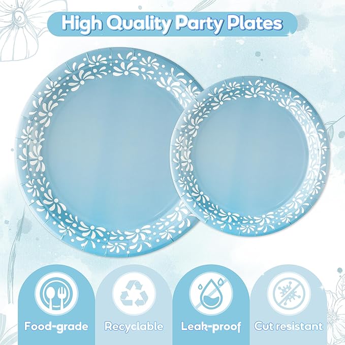 96Pcs Blue Platos De Barro Mexicanos Cielito Lindo Terracotta Clay Party Plates Supplies Tableware Decorations Disposable Paper Plates Napkins Forks for Birthday Baby Shower, Serves 24