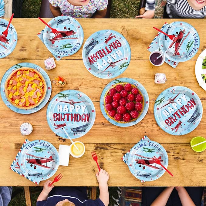 96Pcs Airplane Birthday Party Decorations Red & Blue Airplane Aircraft Plates and Napkins Tableware Set How Time Flies Birthday Decorations for Boys Baby Shower Pilot Plane Party Supplies Serve 24