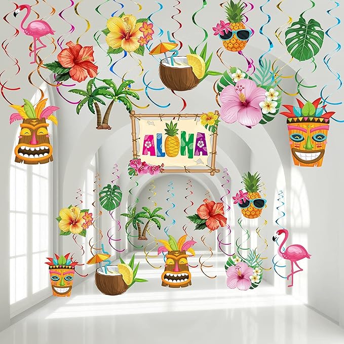 Outus 30 Pieces Hawaiian Luau Birthday Party Hanging Swirl Decorations, Flower Tropical Palm Flamingo Sign Foil Ceiling Decor for Floral Tropical Party Summer Beach Pool Tiki Supplies(Summer)
