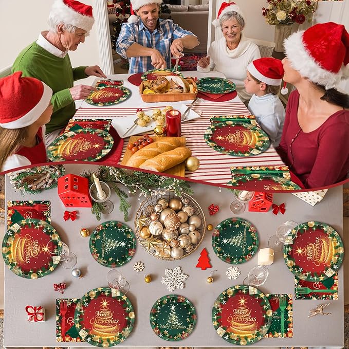 96PCS Christmas Party Supplies - Paper Plates & Napkins in Red & Green - Serves 24 - Xmas Tree Party Decorations & Favors